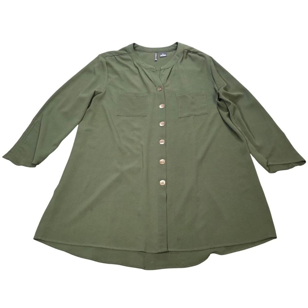 New Directions Button Down Tunic Top Women's XL Olive Green 3/4 Sleeve Crepe